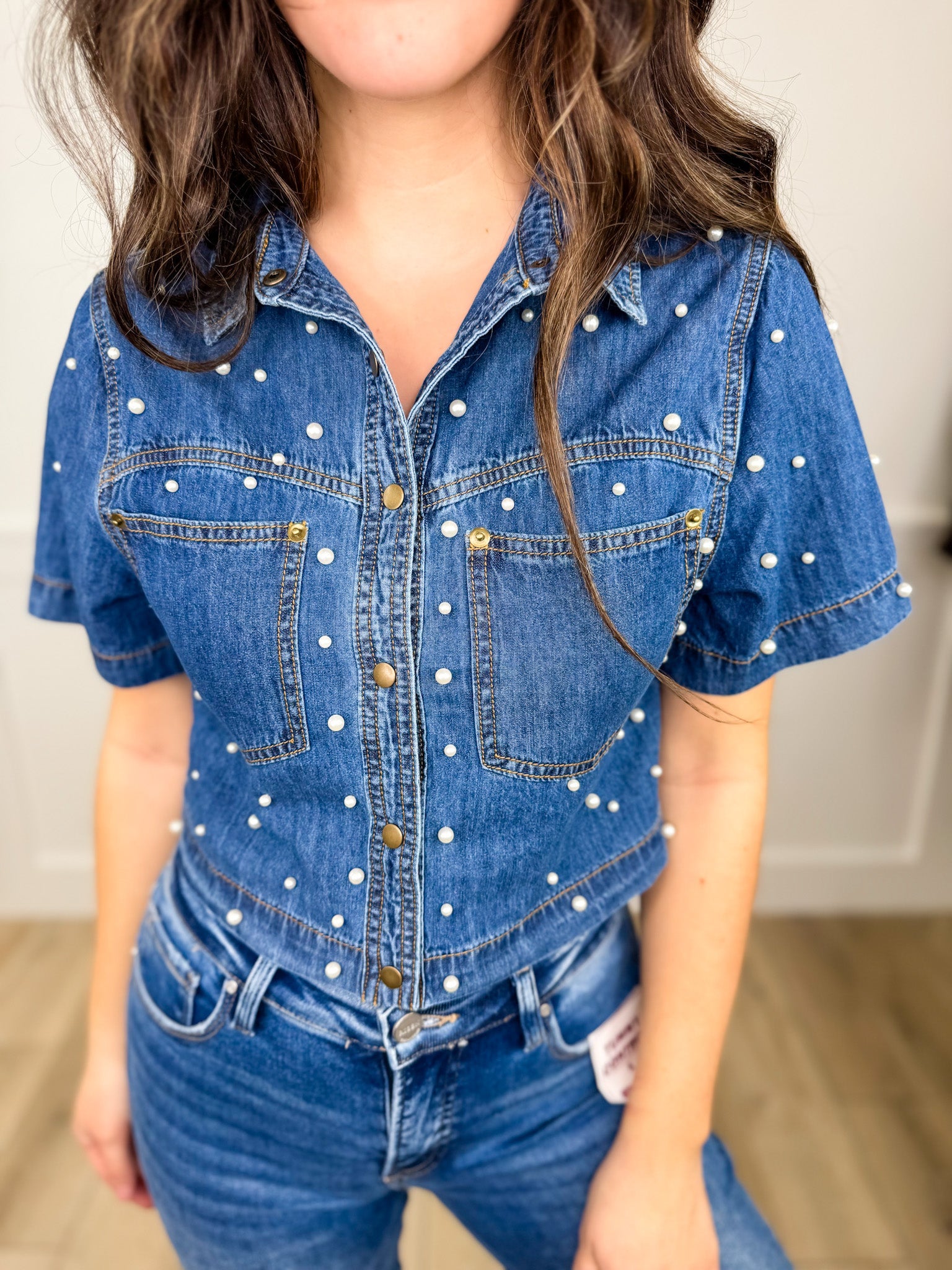 Constantly Amazed Cotton Short Sleeve Denim Avery Mae Cropped Button Up Top