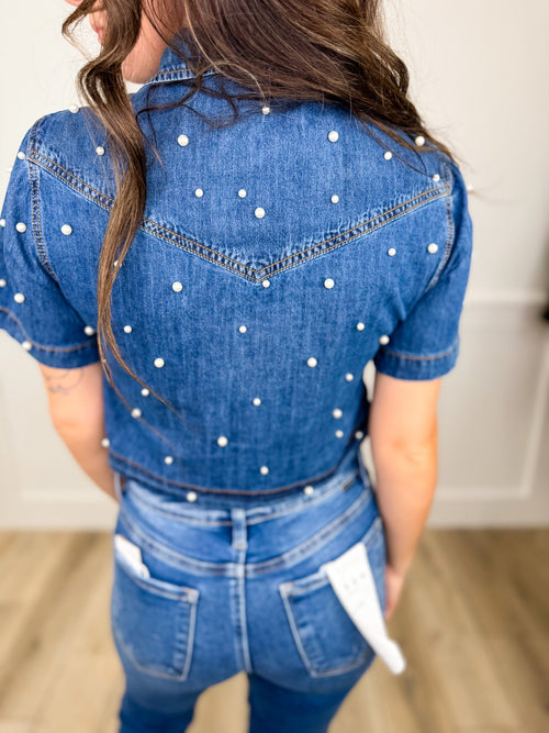 Constantly Amazed Cotton Short Sleeve Denim Avery Mae Cropped Button Up Top